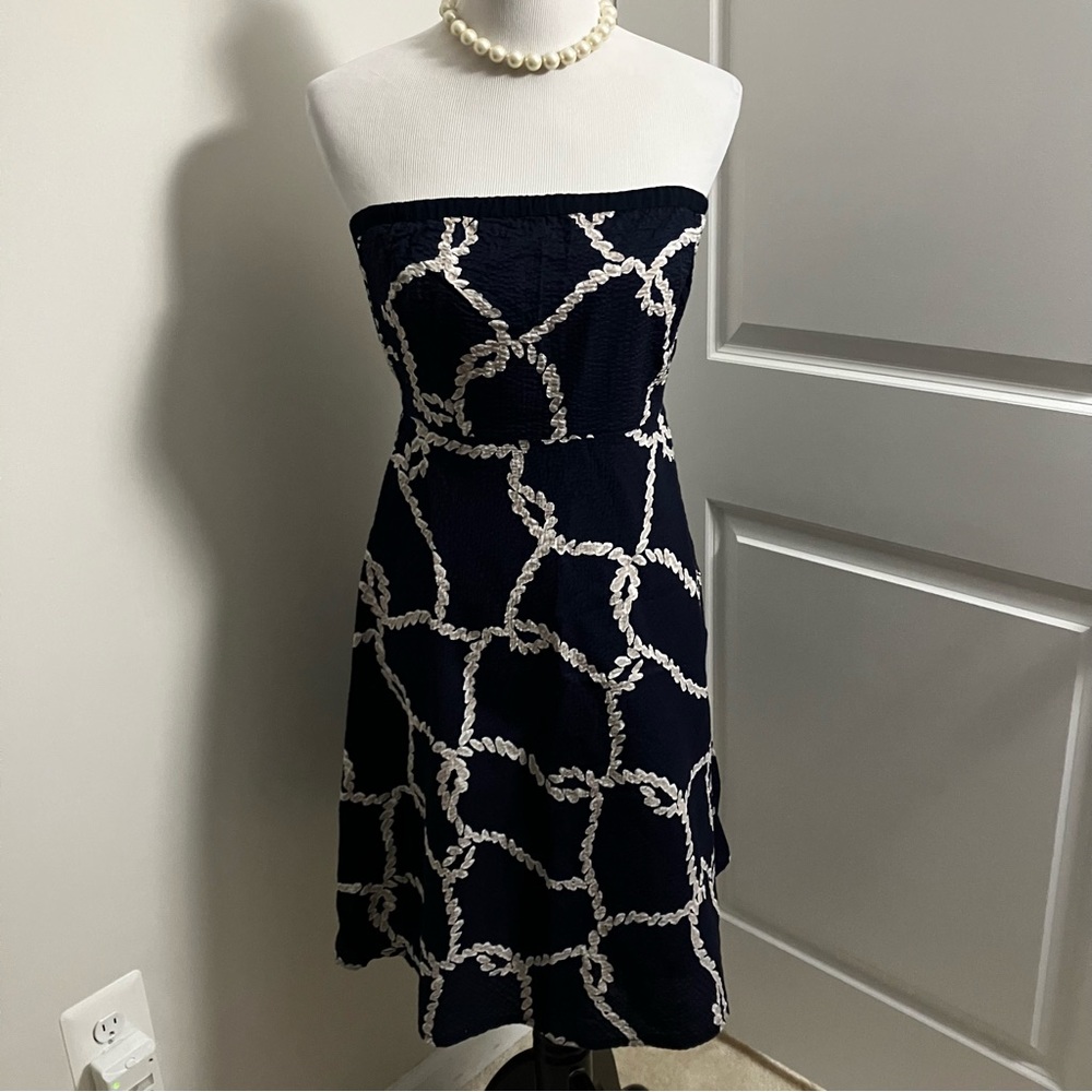 J.CREW | Navy Nautical Design Blue and White Strapless Dress | size 2